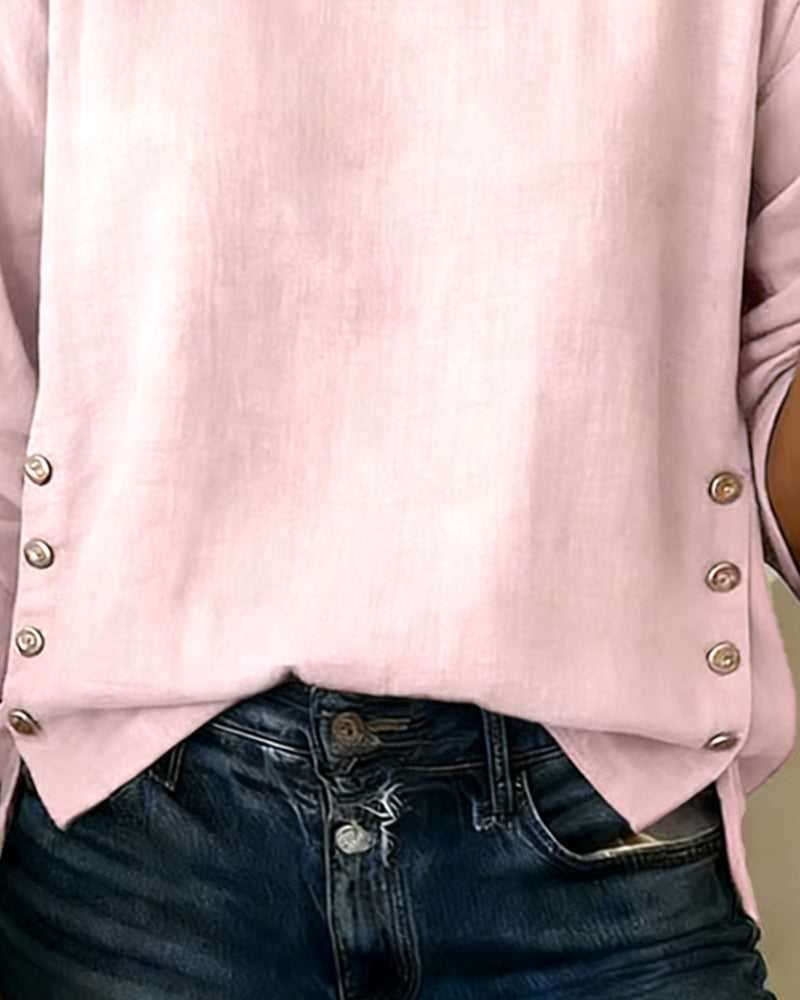 Women's Linen Round Neck Long Sleeve Blouse Top