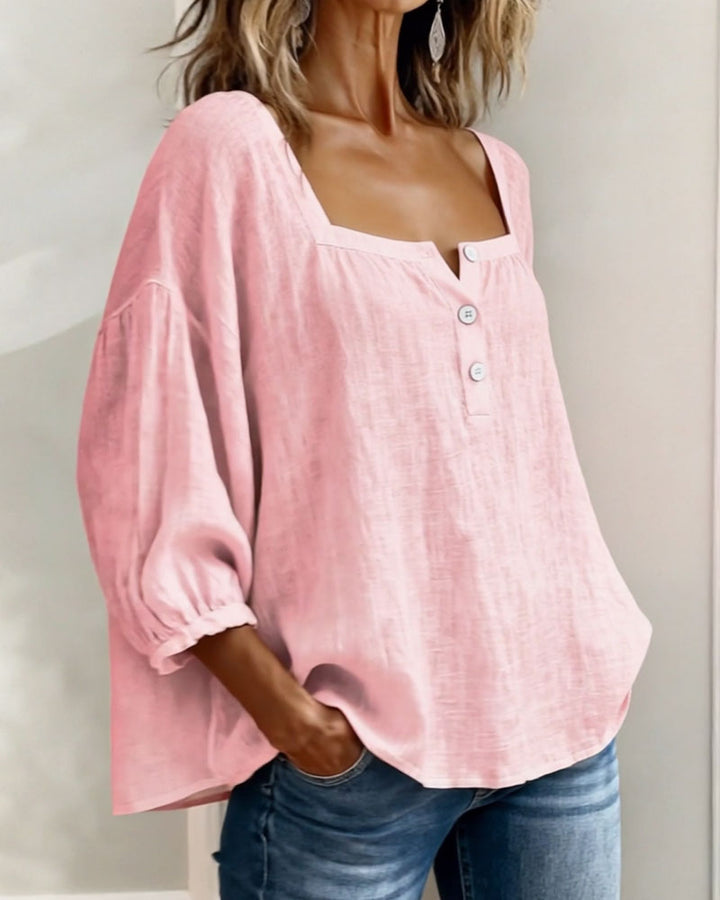 Women's Linen Blouse Square Neck Long Sleeve Casual Top Shirt