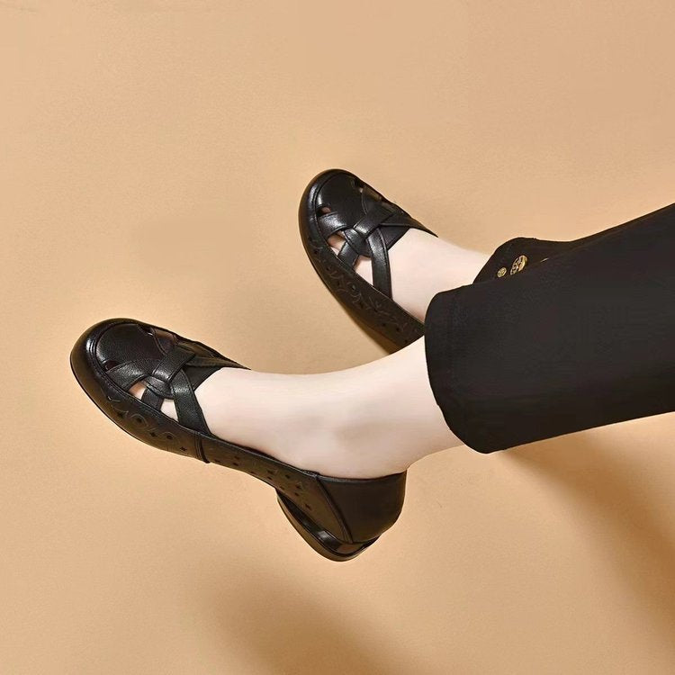 Women's Leather Loafers Block Heel Slip On Shoes