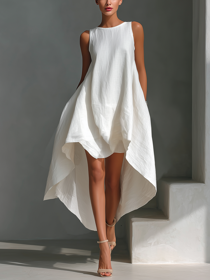 Women's Elegant Linen Sleeveless Round Neck High-Low Midi Dress