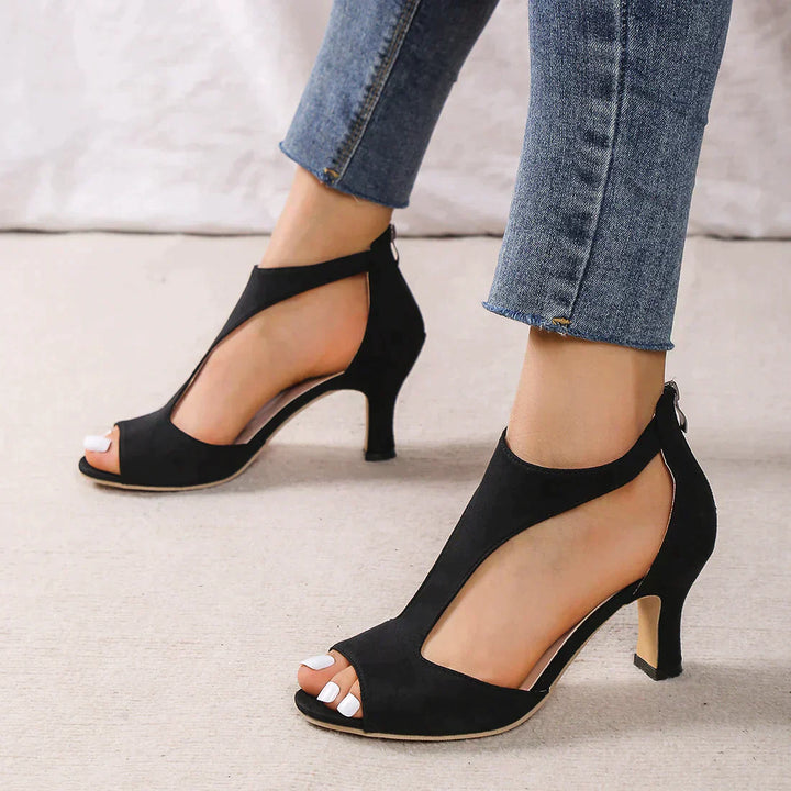 Women’s Leather Mid-Heel Sandals Open-Toe Ankle Strap Footwear