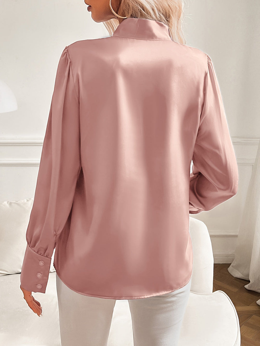 Women's Satin Bow Blouse Silk Feel Long Sleeve Office Shirt