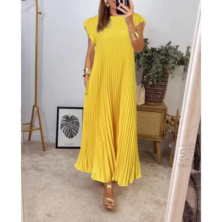Women's Pleated Linen Maxi Dress Casual Sundress Loose Fit