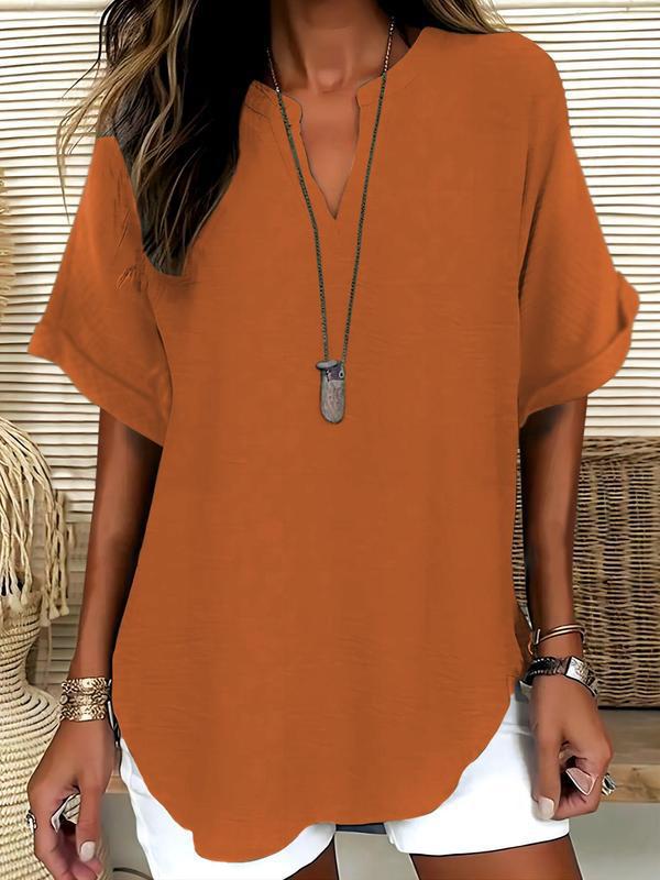 Women Linen Blouse V Neck Short Sleeve Casual Tunic Top