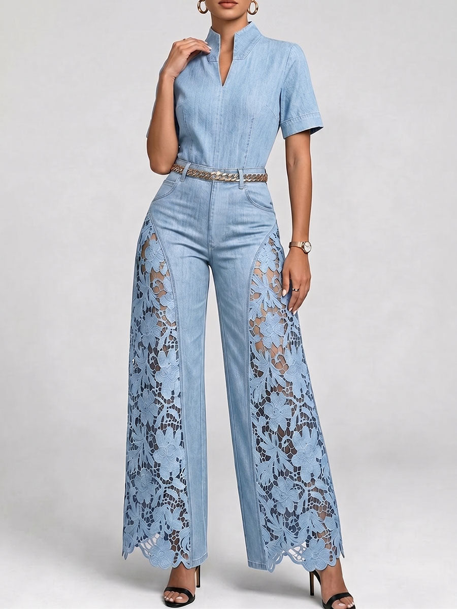Women's Denim Wide Leg Lace Inset Jumpsuit