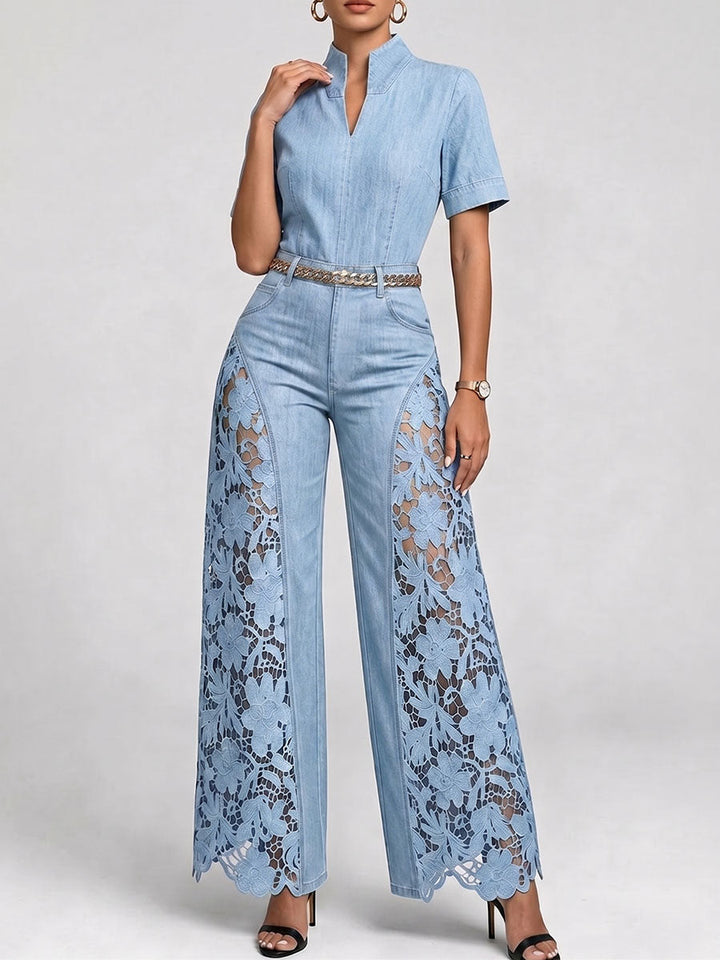 Women's Denim Wide Leg Lace Inset Jumpsuit