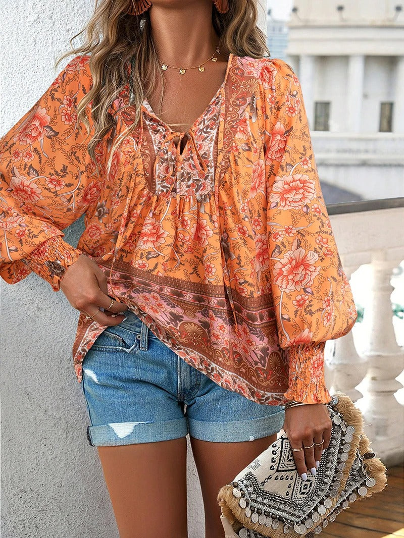 Women's Boho Floral Chiffon Long Sleeve Peasant Blouse Top