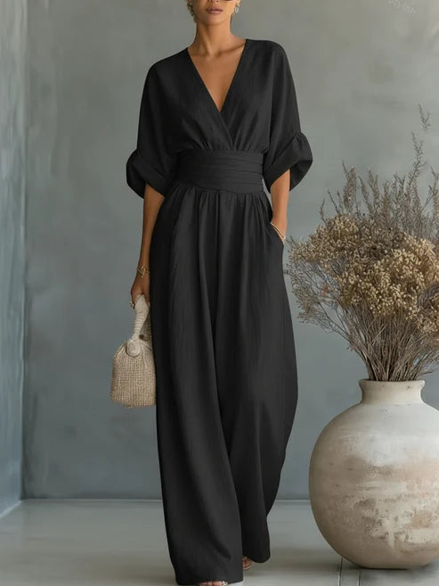Women’s Linen Blend V-Neck Wide-Leg Jumpsuit
