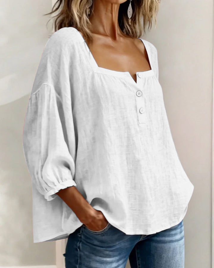 Women's Linen Blouse Square Neck Long Sleeve Casual Top Shirt
