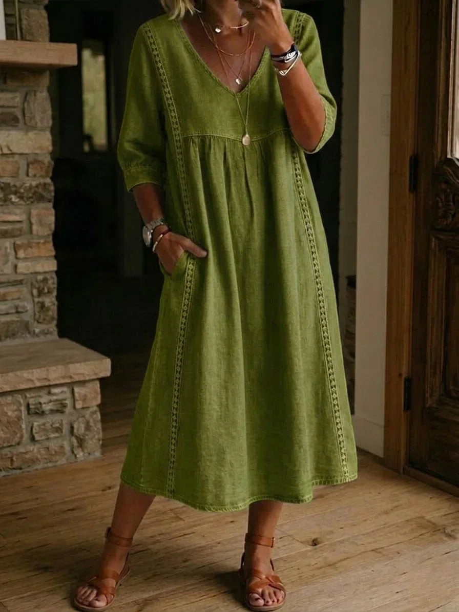 Women's Loose Fit Linen V-Neck Long Sleeve Midi Dress
