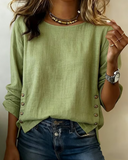 Women's Linen Round Neck Long Sleeve Blouse Top