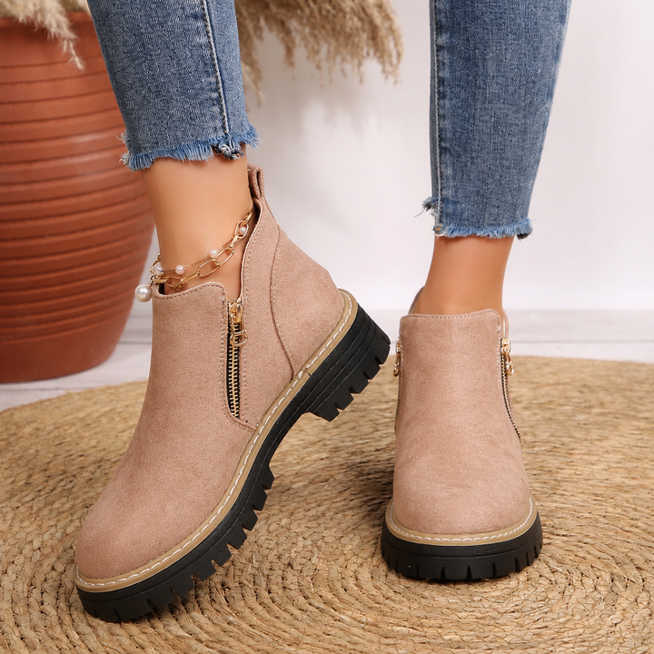 Women's Leather Ankle Boots Zipper Lug Sole Chunky Booties