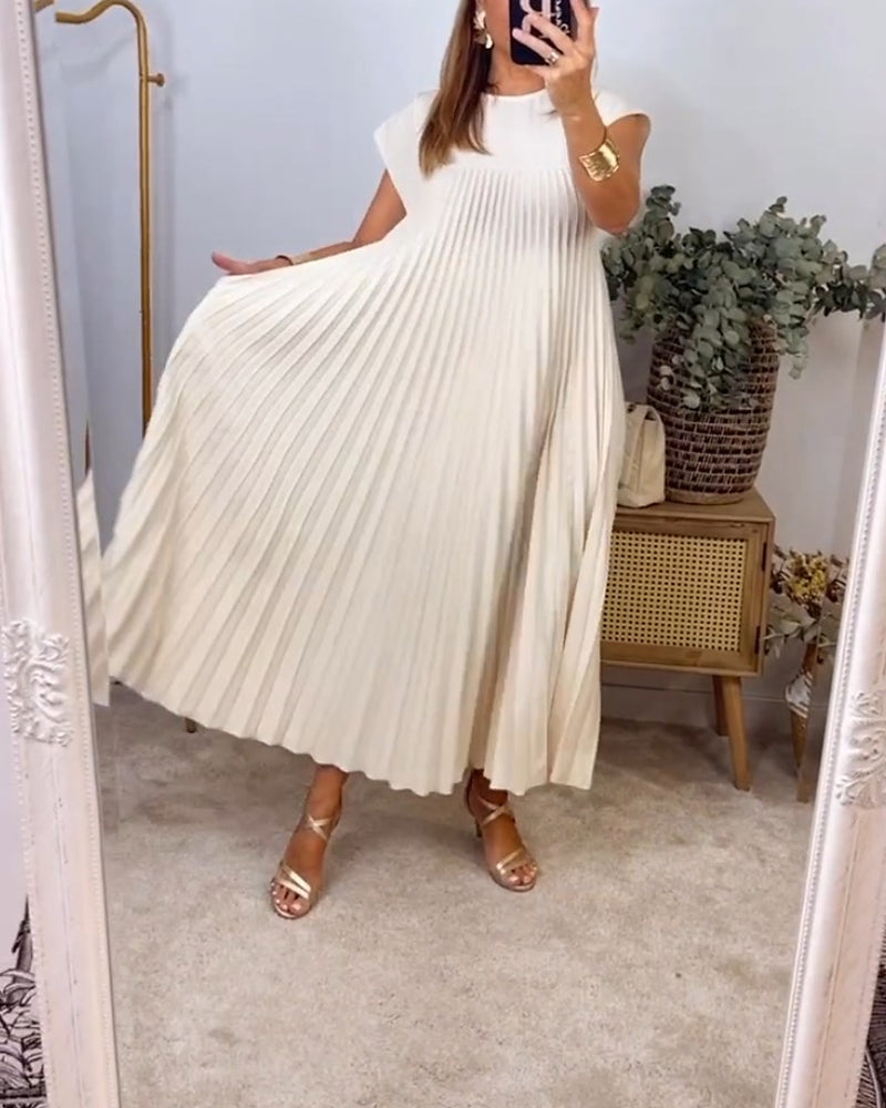 Women's Pleated Linen Maxi Dress Casual Sundress Loose Fit