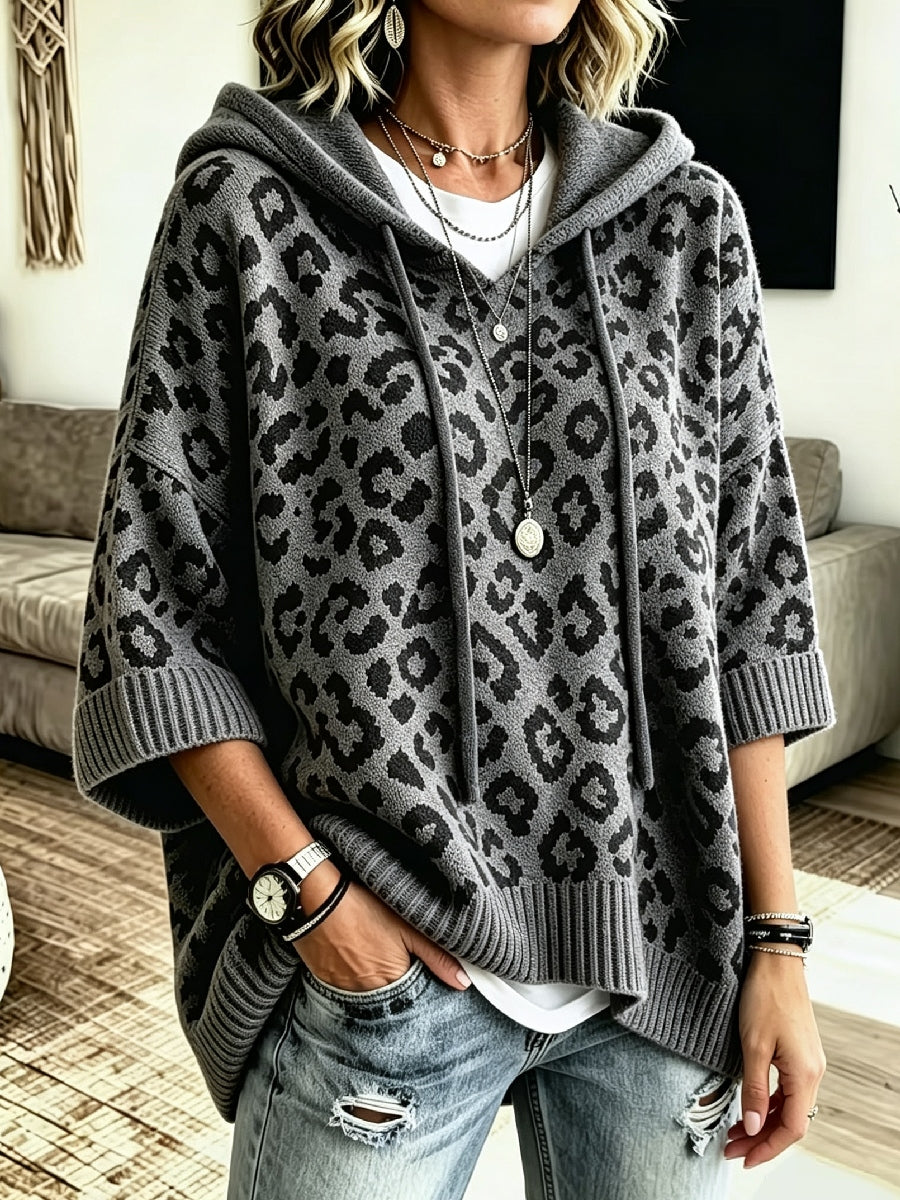 Women's Hooded Leopard Print Knit Poncho Sweater Pullover Jumper