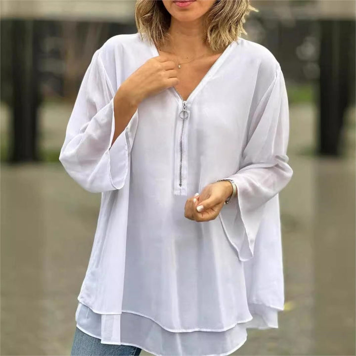 Women's Chiffon V Neck Layered Tunic Blouse Loose Fit Top