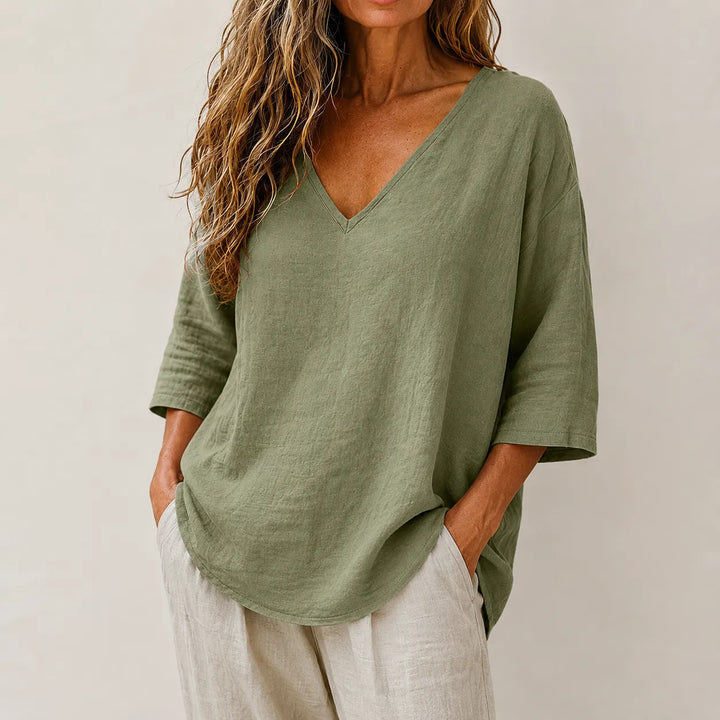 Women's Linen Oversized V-Neck T-Shirt Loose Casual Half-Sleeve Top