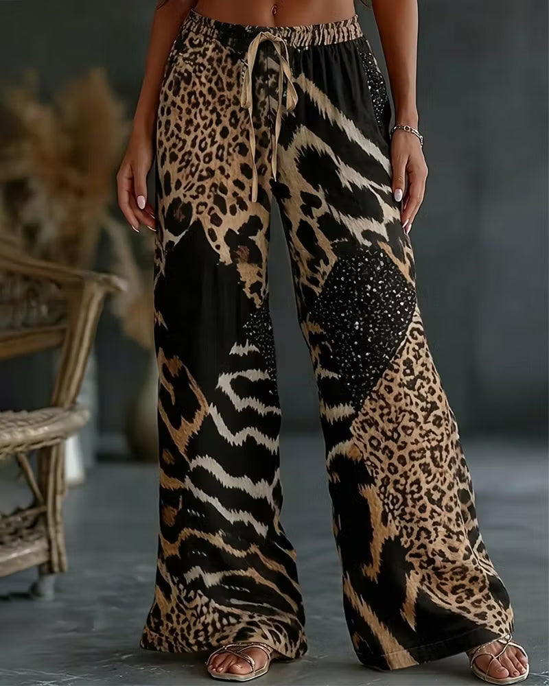 Dámské volné lněné kalhoty se zvířecím leopardím vzorem, širokými nohavicemi a stahovací šňůrkou