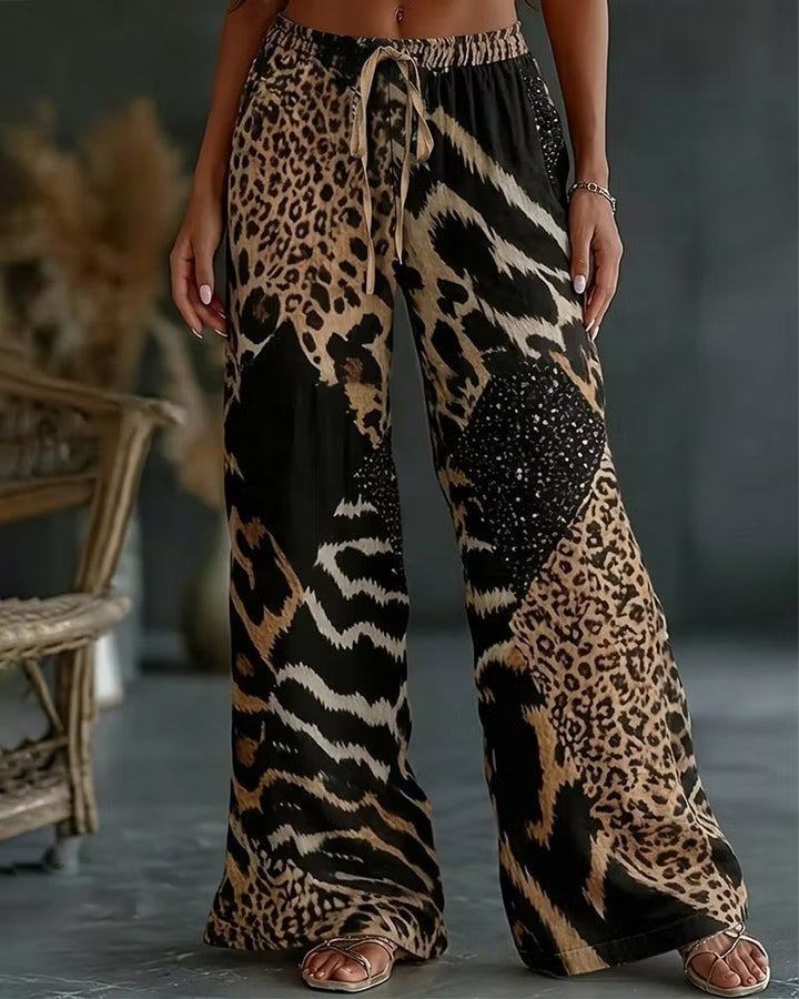 Dámské volné lněné kalhoty se zvířecím leopardím vzorem, širokými nohavicemi a stahovací šňůrkou