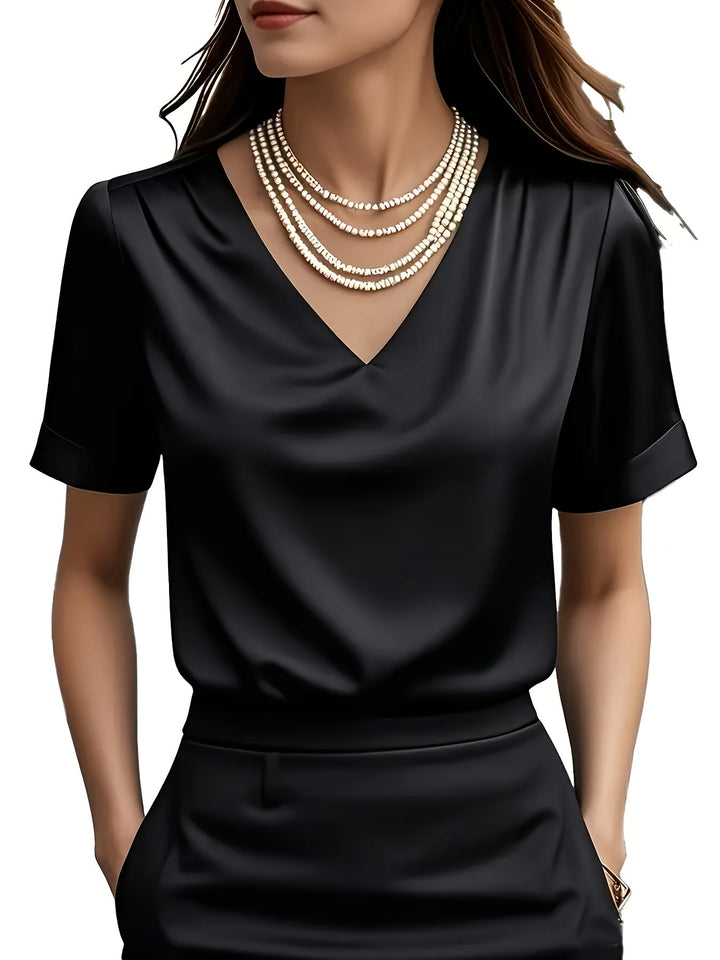 Women's Satin Blouse V Neck Short Sleeve Top Elegant Shirt