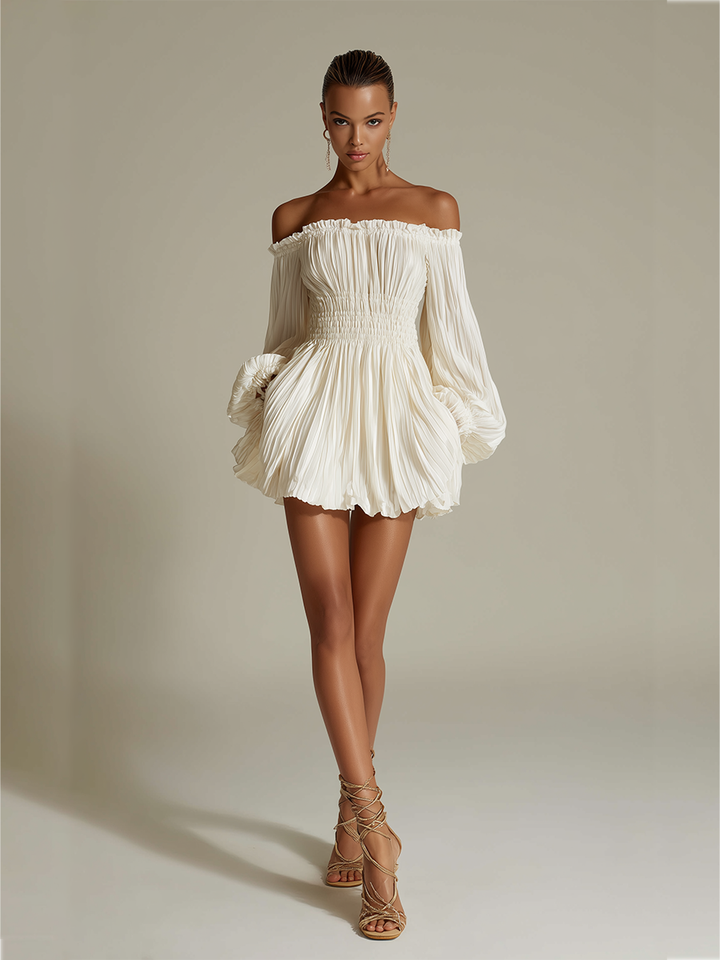 Robe de cocktail courte en mousseline pour femme, épaules dénudées et manches bouffantes