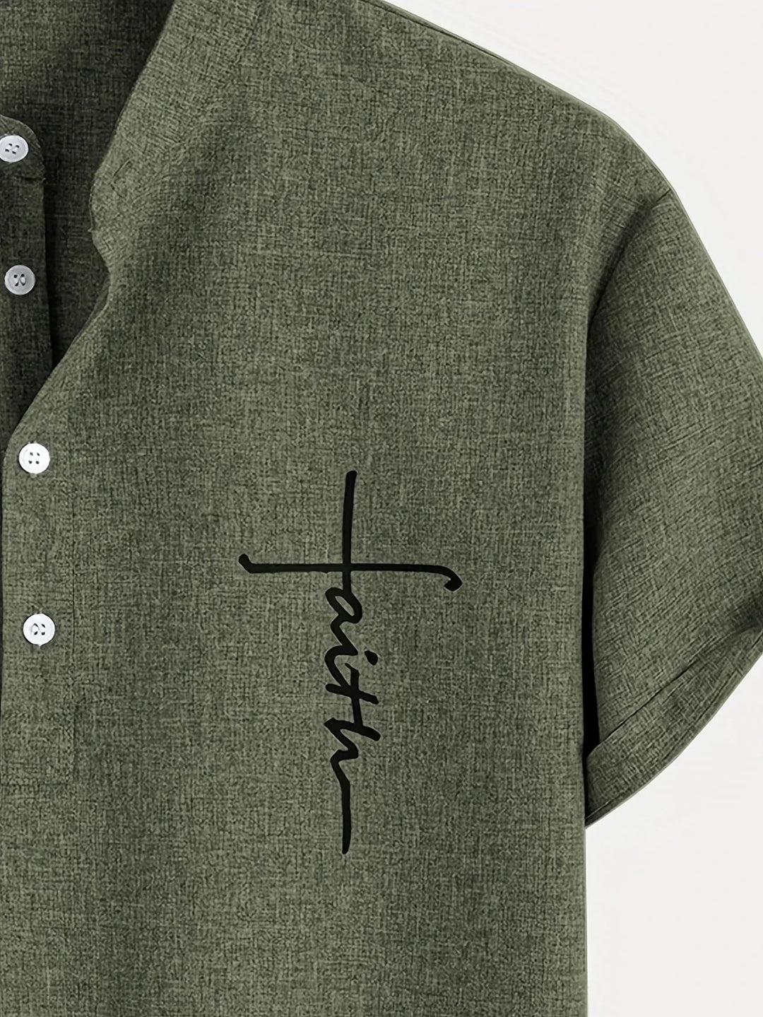 Men Henley Linen Shirt Casual Short Sleeve Cross Graphic Tee