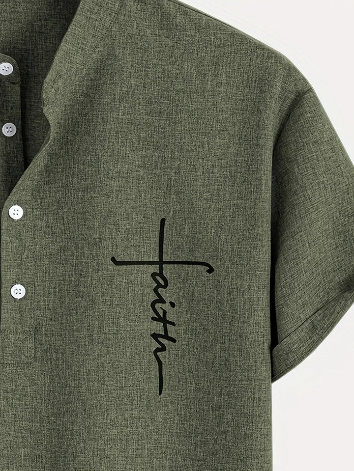 Men Henley Linen Shirt Casual Short Sleeve Cross Graphic Tee