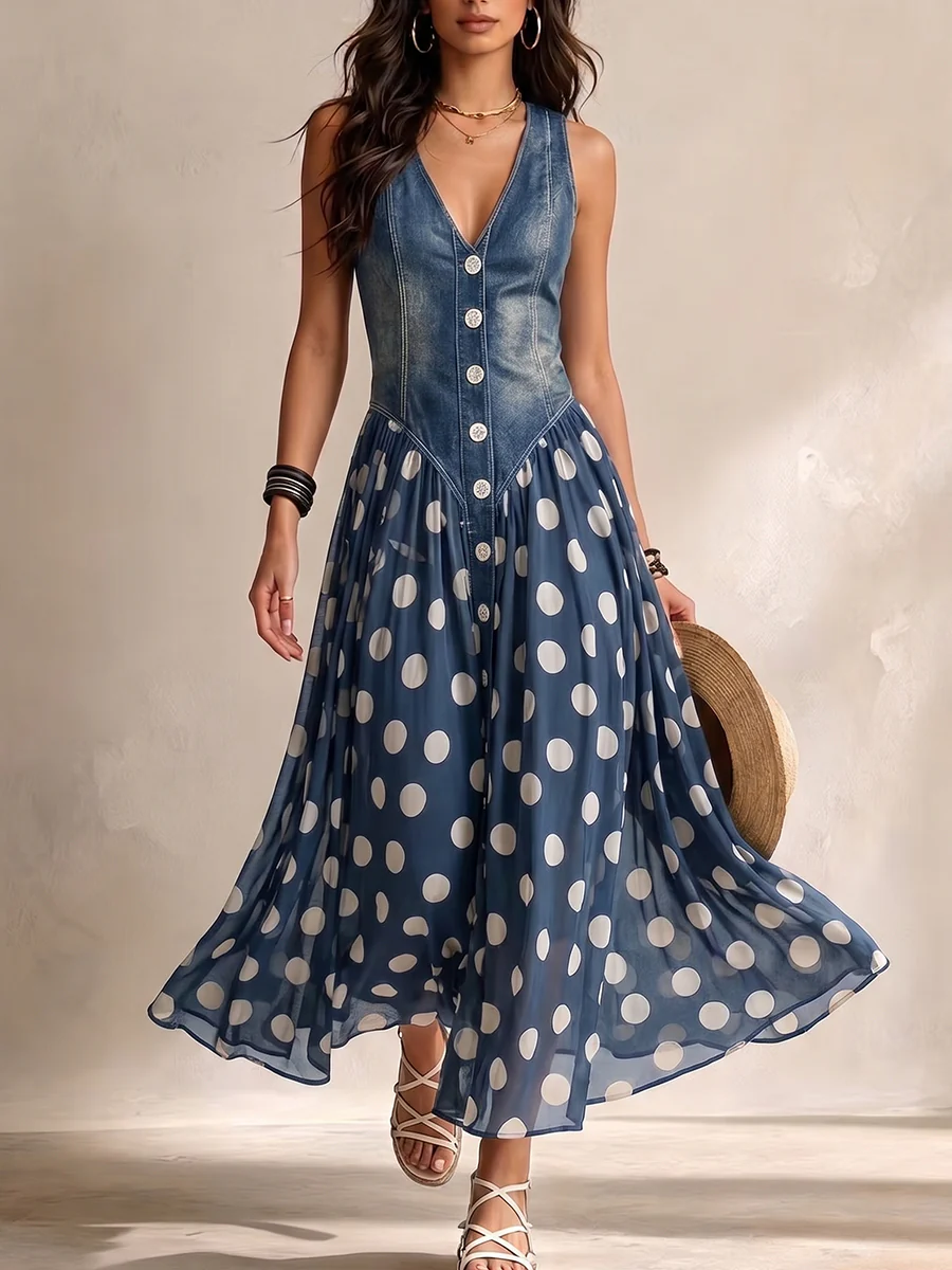 Damska sukienka maxi z denimu w kropki, szyfonowa sukienka midi na lato