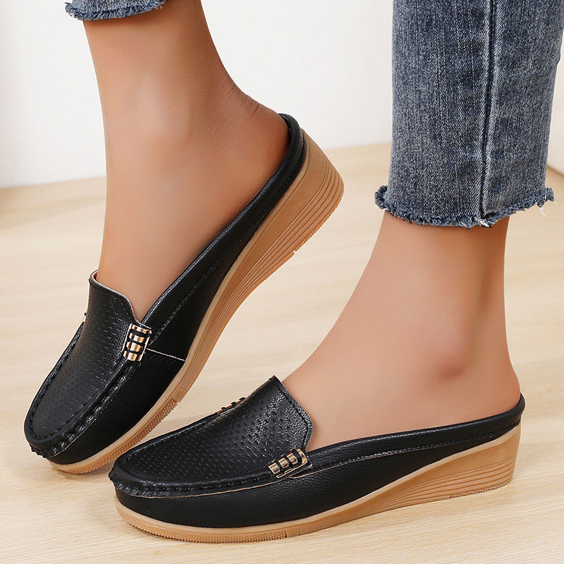 Women's Leather Mules Wedge Loafers Slip On Shoes