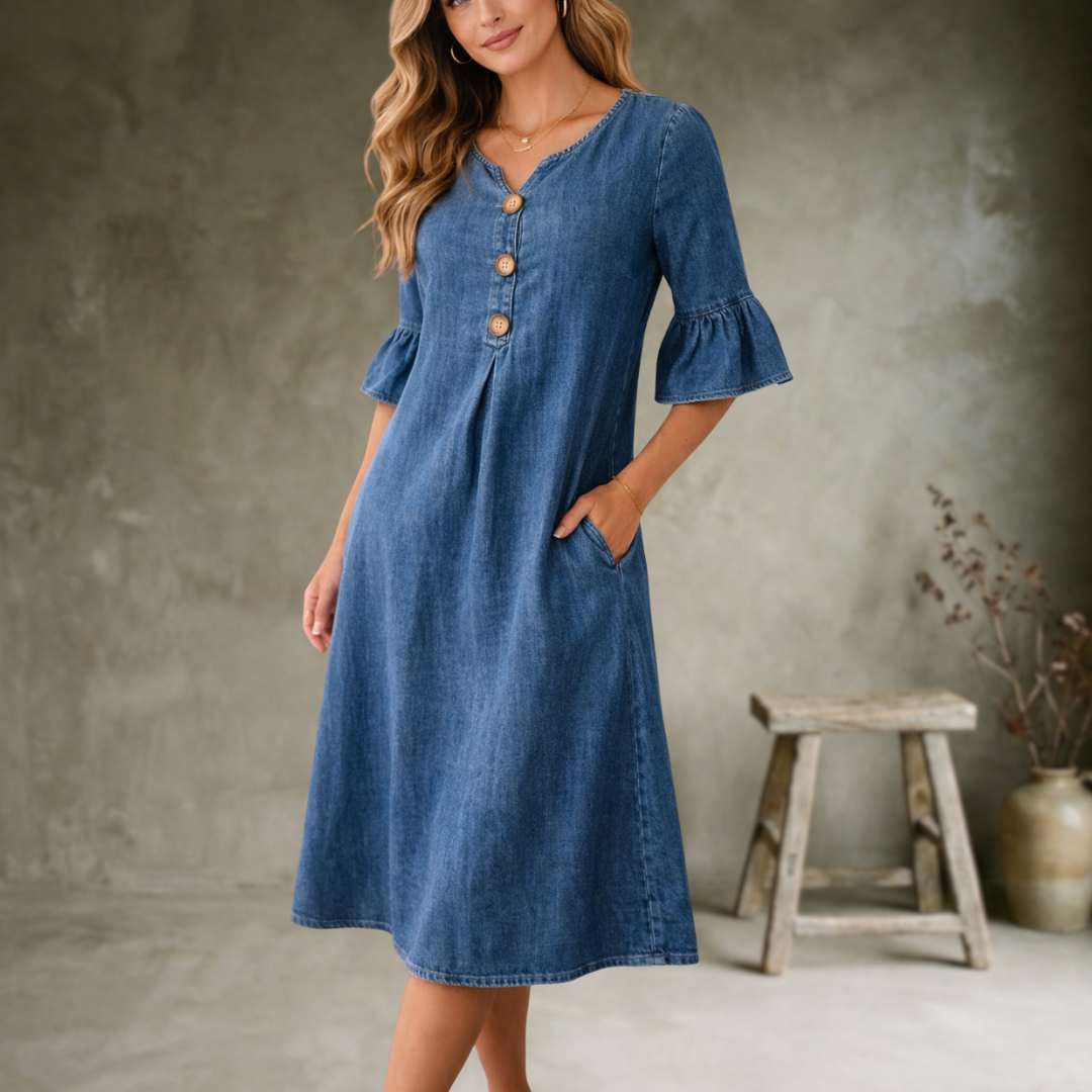 Linen V Neck Flute Sleeve Midi Dress for Women