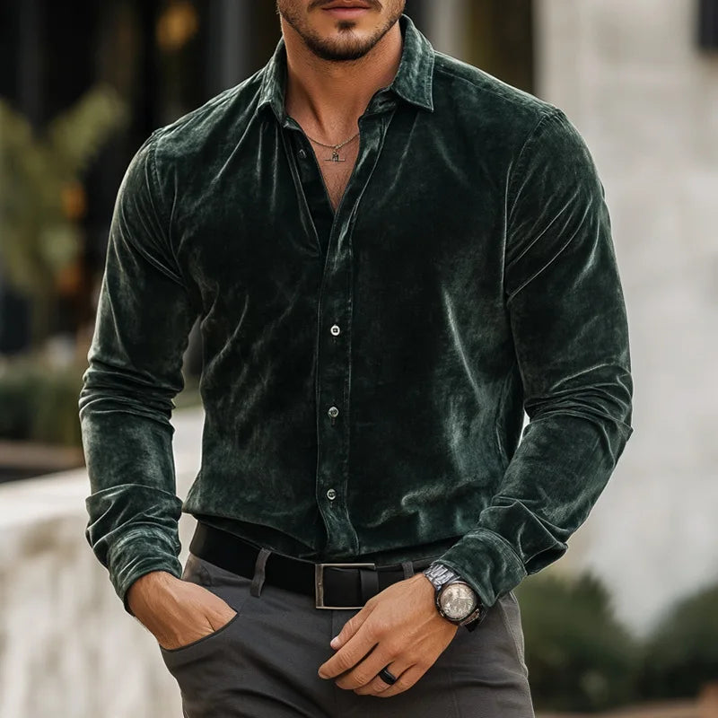 Men's Tailored Long-Sleeve Velvet Button-Up Dress Shirt
