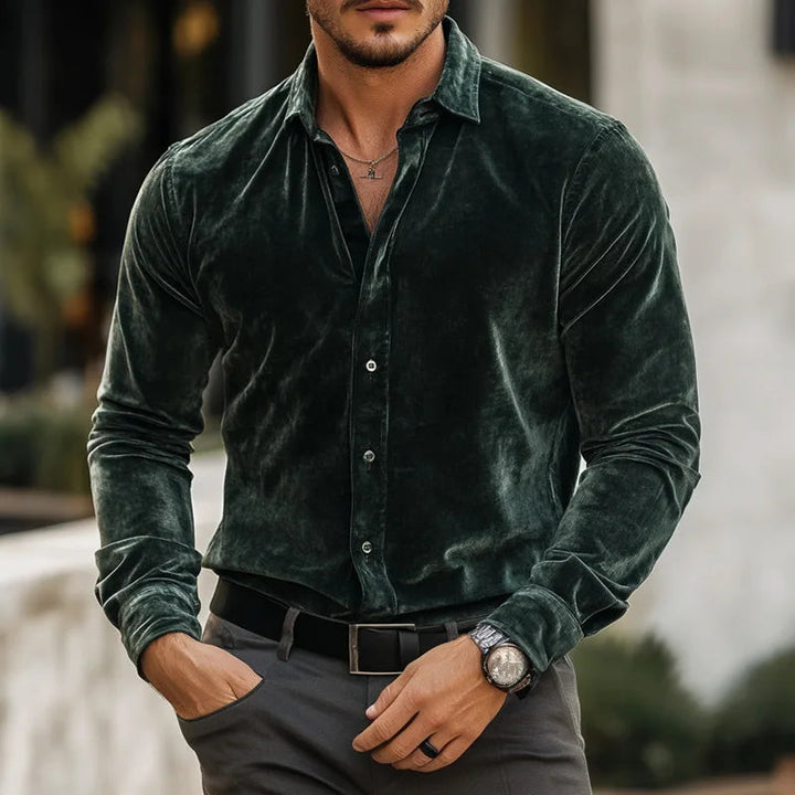 Men's Tailored Long-Sleeve Velvet Button-Up Dress Shirt