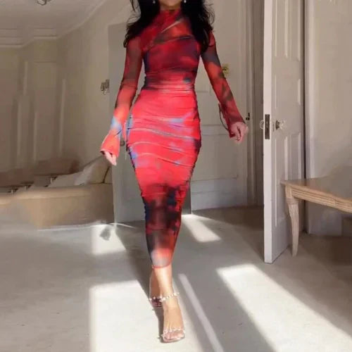 Women's High Neck Long Sleeve Mesh Bodycon Midi Dress