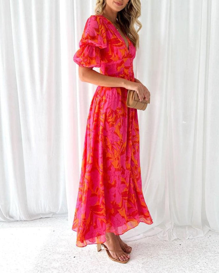 Women Maxi Dress Chiffon Floral V Neck Ruffle Puff Sleeve Casual A Line Long Dress