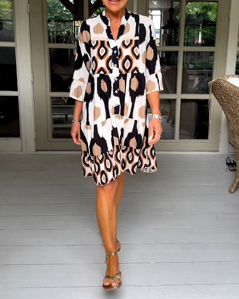 Women's Abstract Print V Neck Tiered Linen Shift Dress