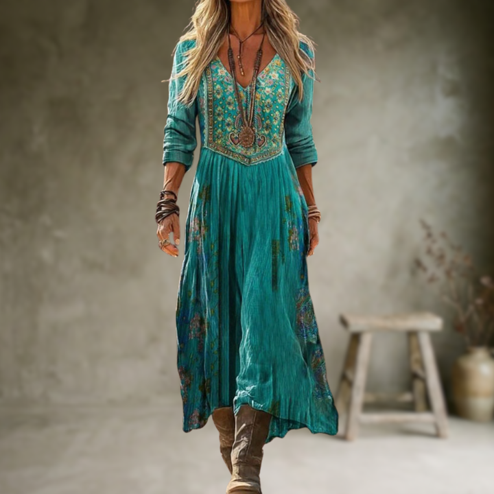 Women's Linen Boho V-Neck Long Sleeve Flowy A-Line Maxi Dress