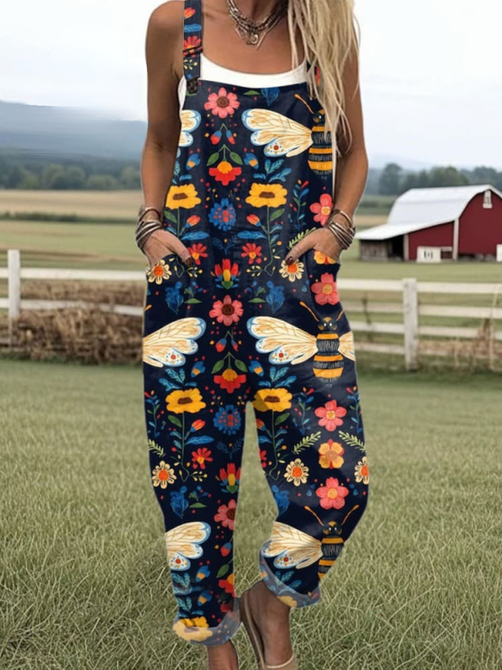 Women's Linen Blend Graphic Print Loose Fit Sleeveless Overalls Jumpsuit
