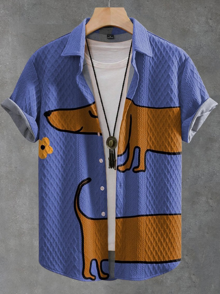 Men's Knit Button Down Shirt Dachshund Graphic Short Sleeve Collar Top