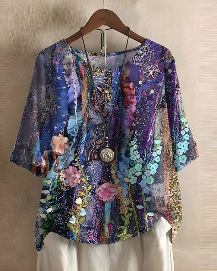 Damska lniana tunika w stylu vintage boho, drukowana bluzka