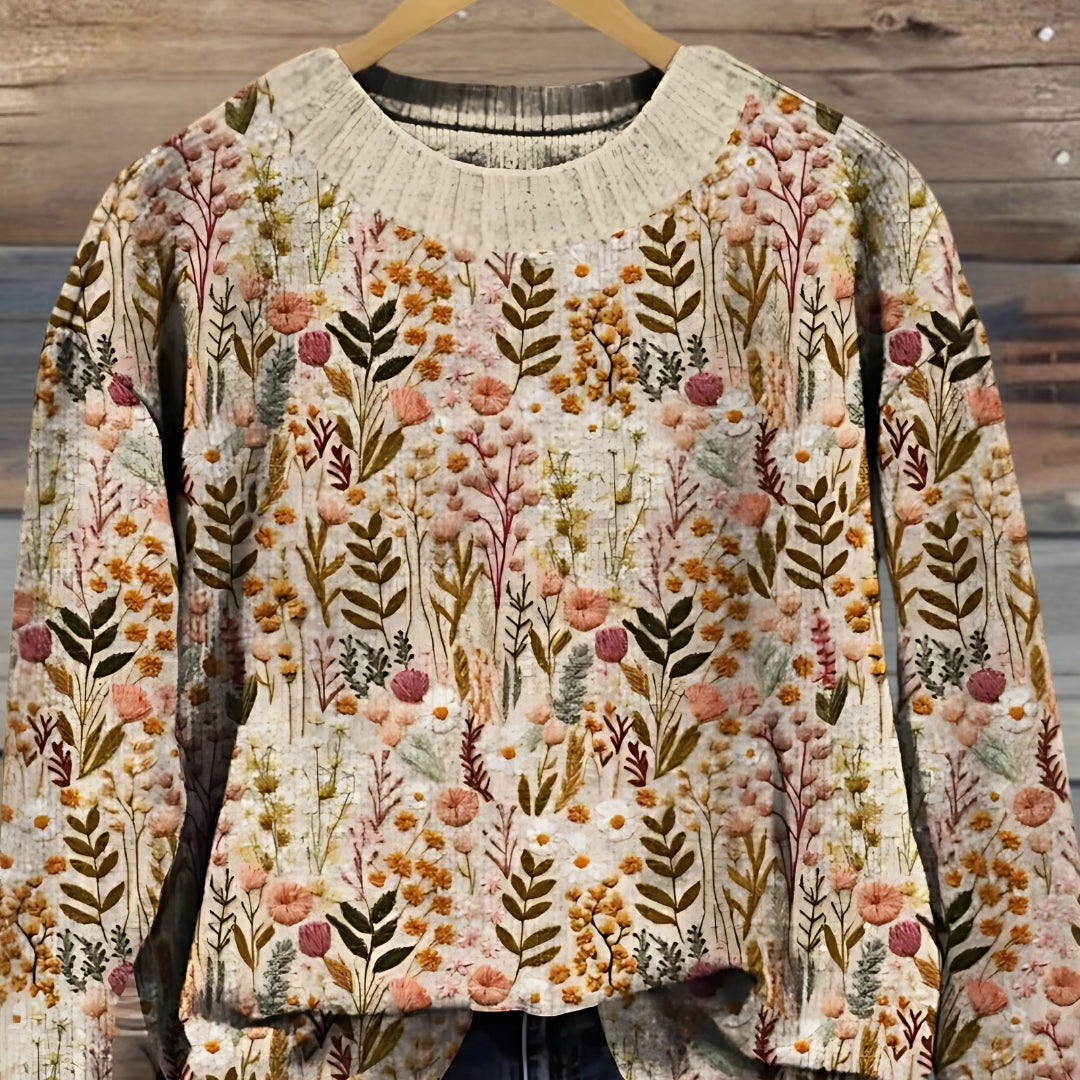 Women's Knit Floral Sweater Crewneck Long Sleeve Pullover Top