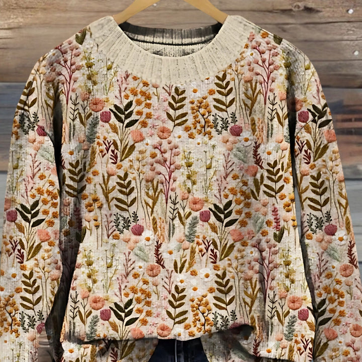 Women's Knit Floral Sweater Crewneck Long Sleeve Pullover Top