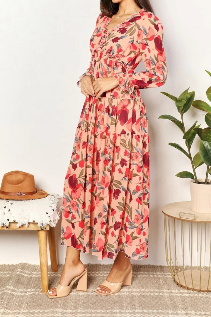 Women's Chiffon Floral V Neck Long Sleeve Maxi Dress