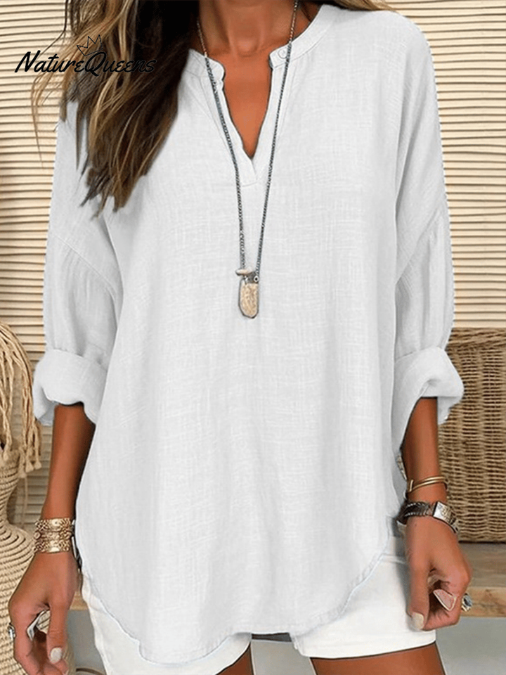 Linen V-Neck Women's Long Sleeve Tunic Blouse Tops