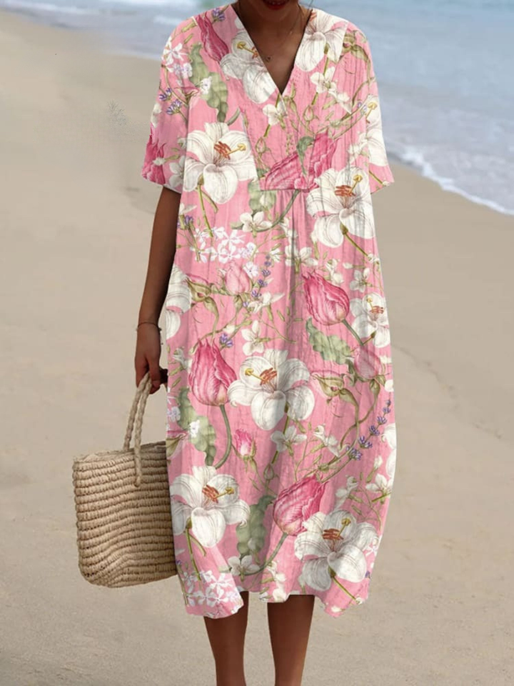 Women Linen Floral Shirt Pants Maxi Dress