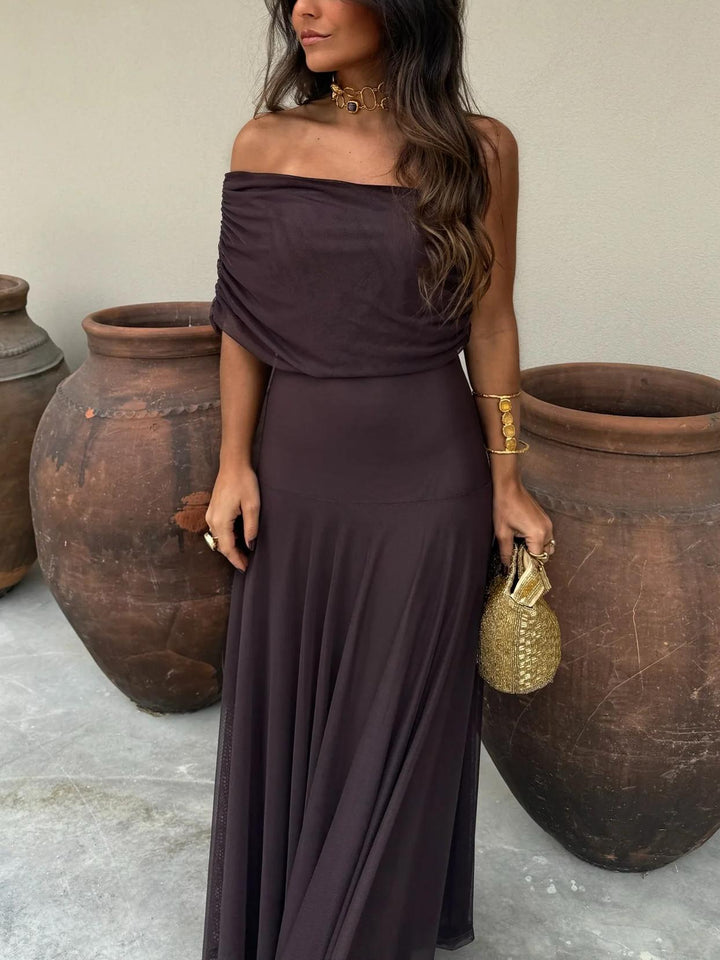 Women's Off Shoulder Chiffon A Line Party Evening Maxi Dress