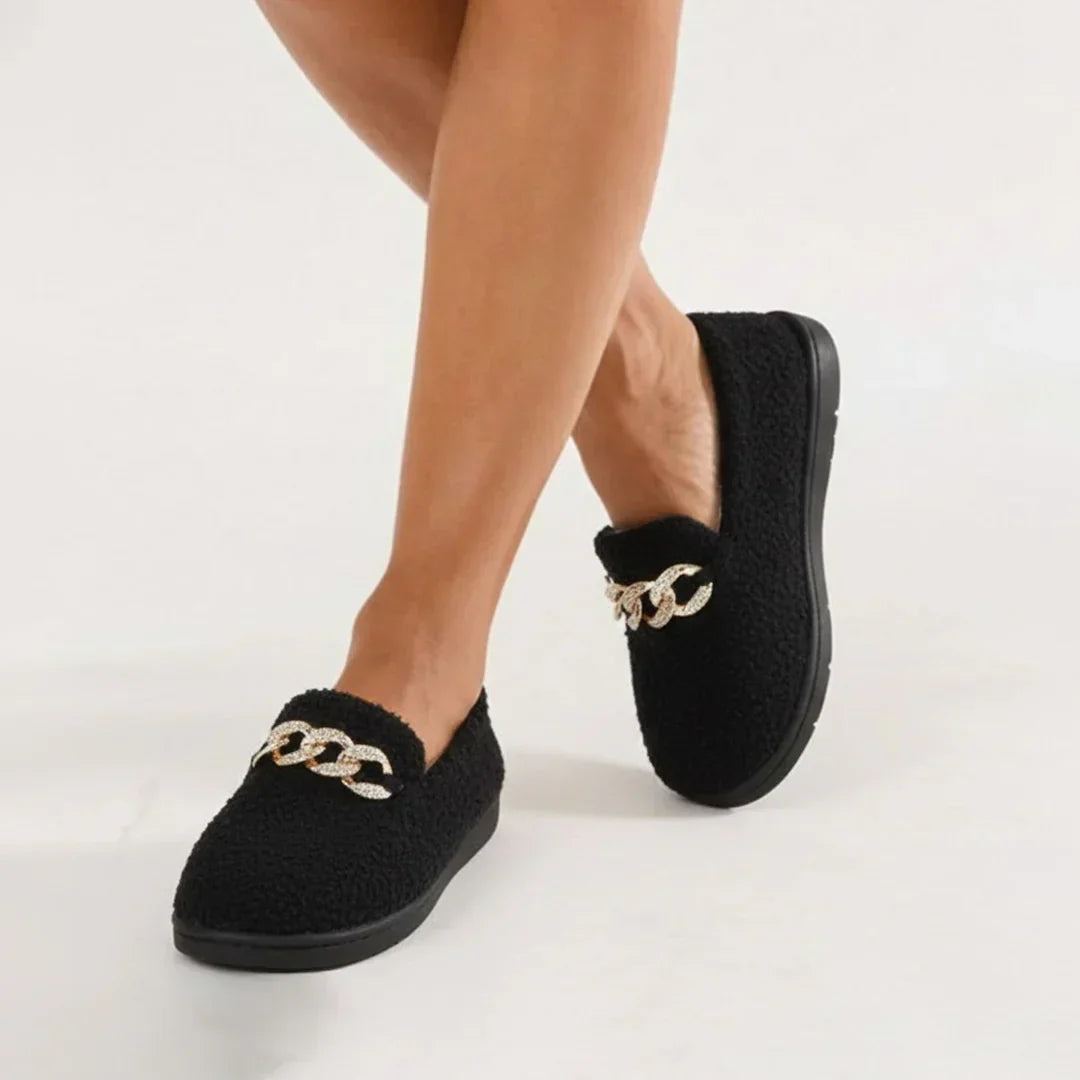 Women's Fleece Chain Loafer Slippers Flat House Shoes