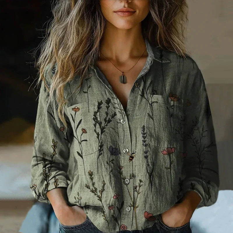 Women's Blouse Cotton Vintage Print Summer Long Sleeve Shirt