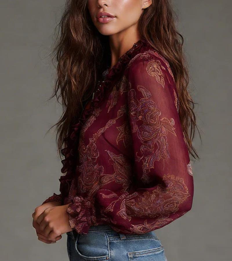 Women's V-Neck Ruffled Long Sleeve Chiffon Blouse