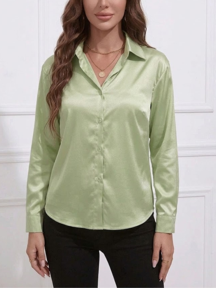 Women's Satin Long Sleeve Button Down Shirt Office Blouse