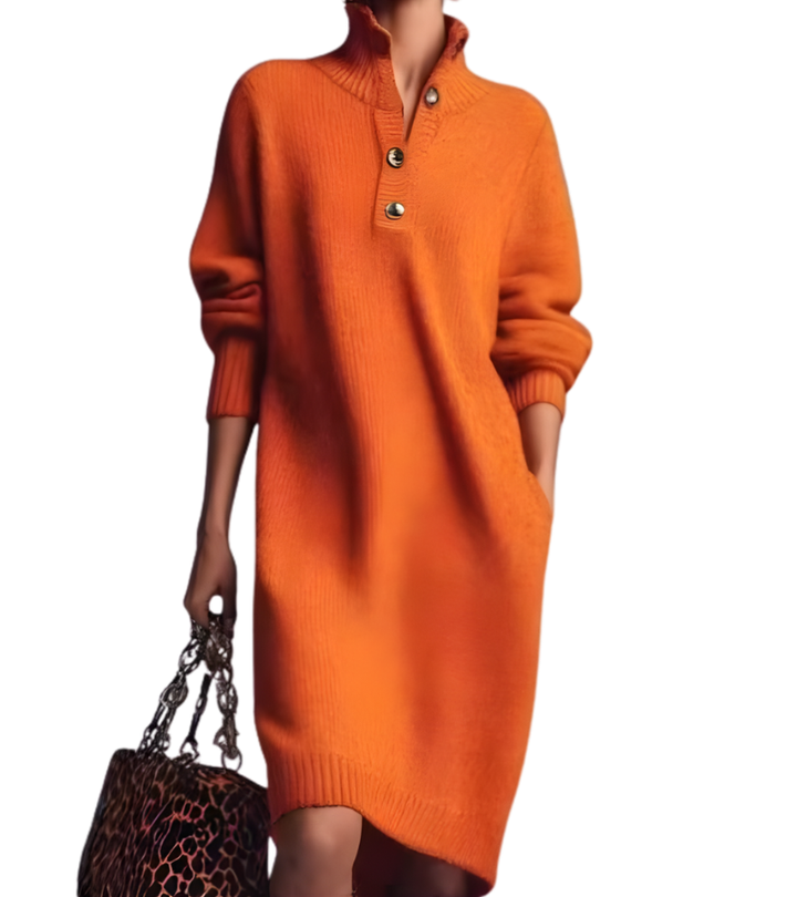 Women's Knit Long-Sleeve Button-Placket Polo Midi Dress
