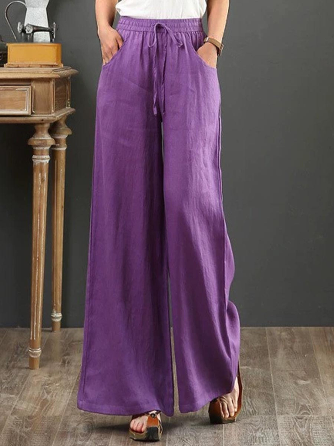 Women's High Waisted Wide Leg Linen Trousers Loose Fit Flowy Palazzo Pants